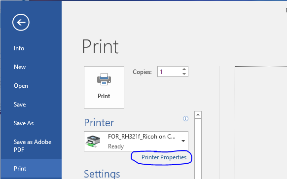 Screen shot showing print properties link below Printer field in Print settings