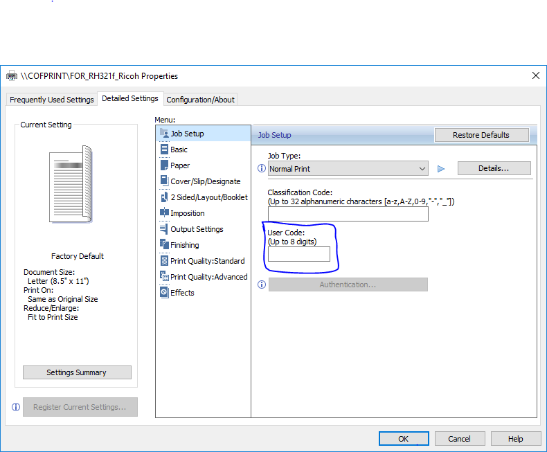 Screen shot showing User Code field under Detailed Settings : Job SetUp